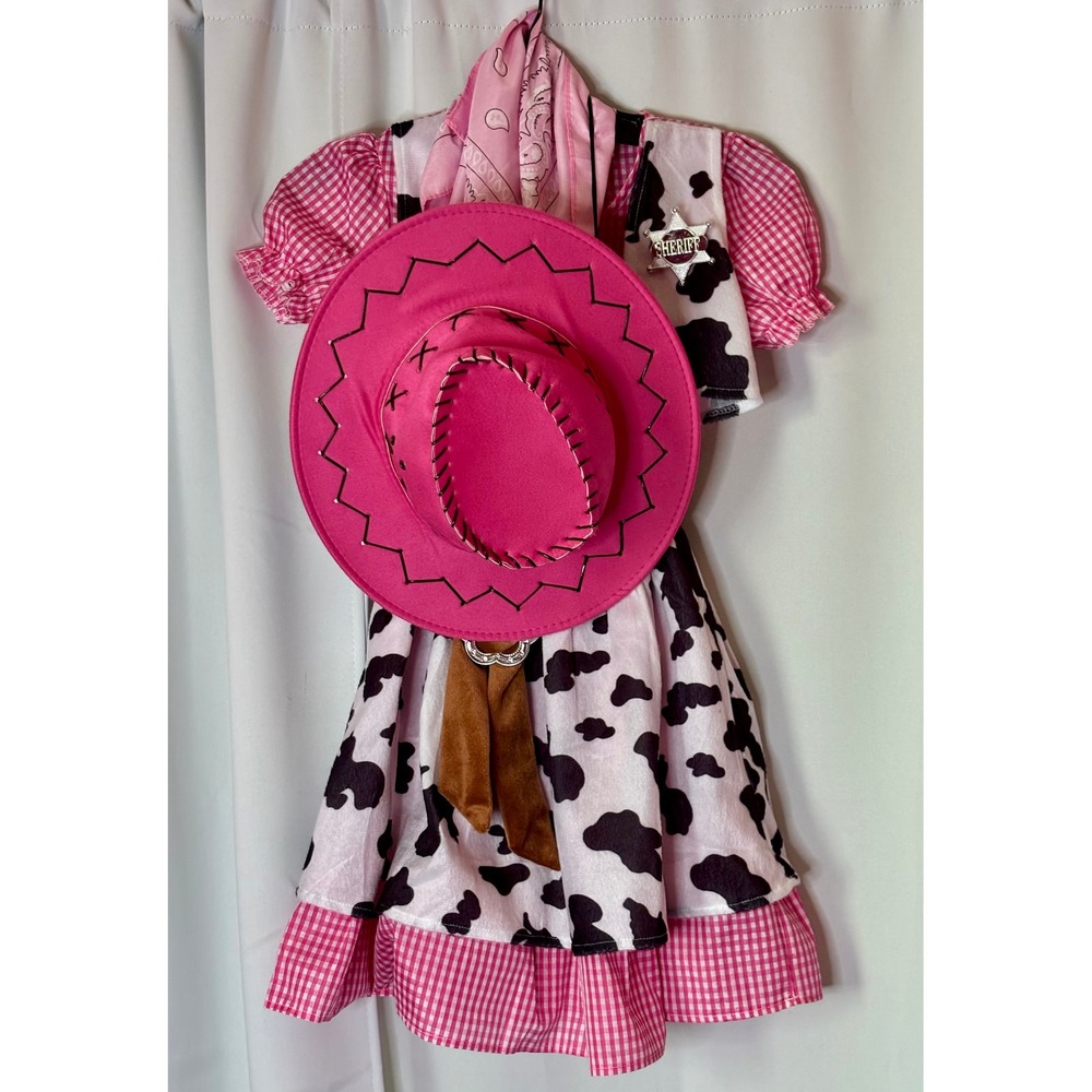 Girls Pink Cowgirl Western Sheriff Costume Gingham Cute Dress Cow Vest Hat Large